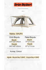 SHUFA 4 Tarafı Kare Tenteli Tam Otomatik Kamp Çadırı 210*210*140